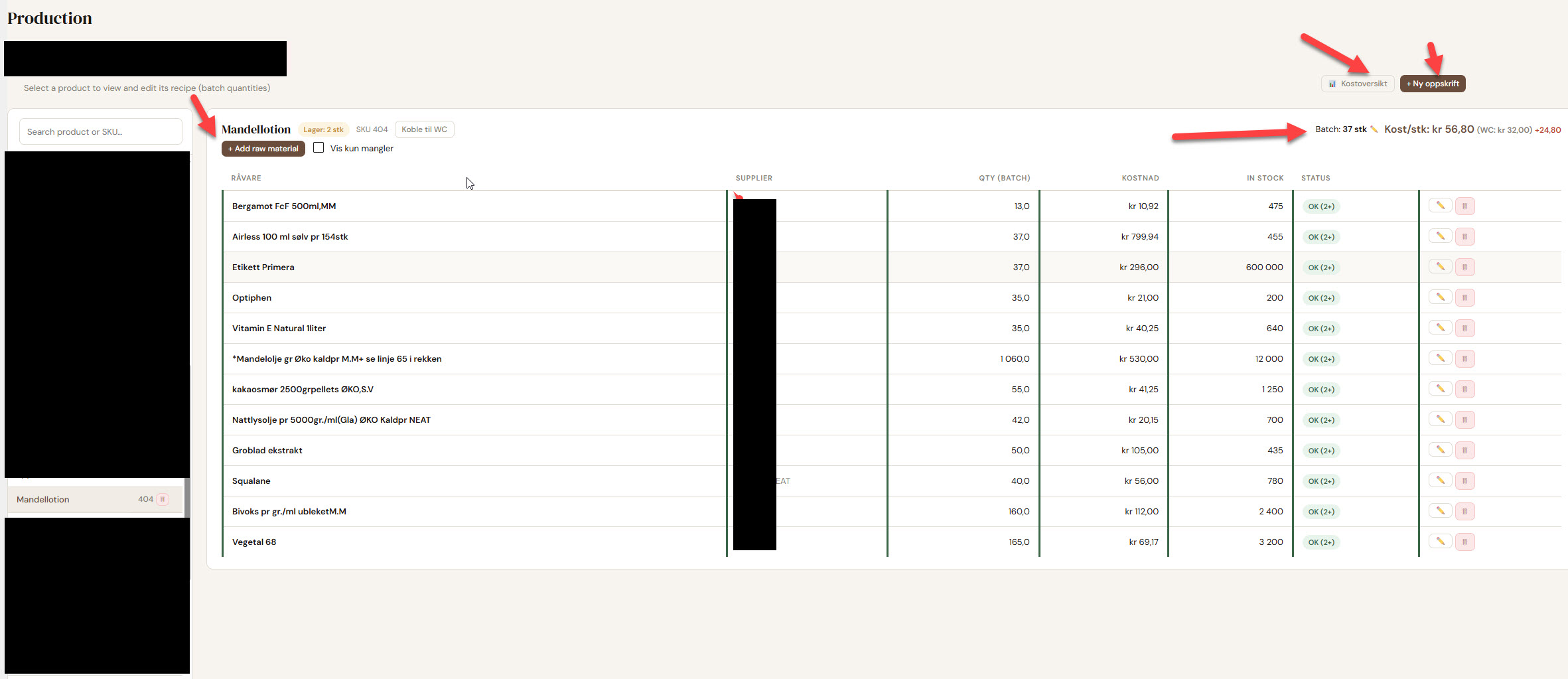 Batchkeeper Production admin screen showing a recipe with raw materials, quantities per batch, cost, in-stock amount, and a status badge per row
