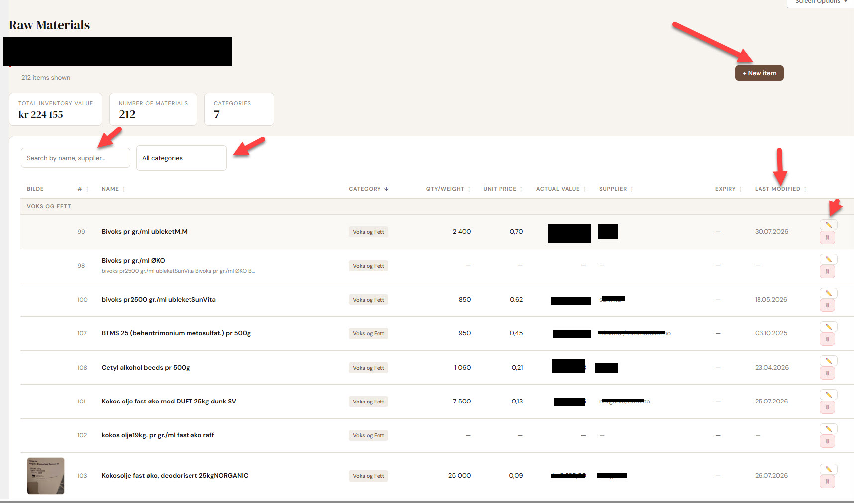 Batchkeeper Raw Materials admin screen with callouts pointing to the New item button, search field, category filter, Last Modified column, and the row edit/delete actions
