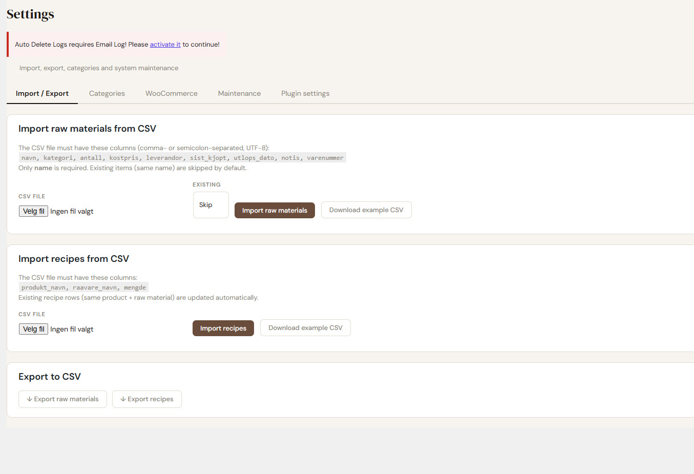 Batchkeeper Settings admin screen showing the Import / Export tab with CSV import for raw materials and recipes, plus export buttons
